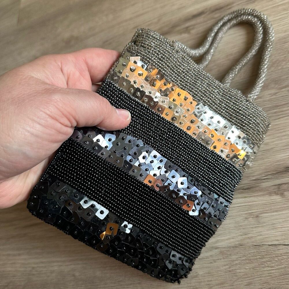 Fancy Square Sequin & Seed Beaded Handbag Shiny Black Gray Silver Satin Lining - Picture 4 of 6